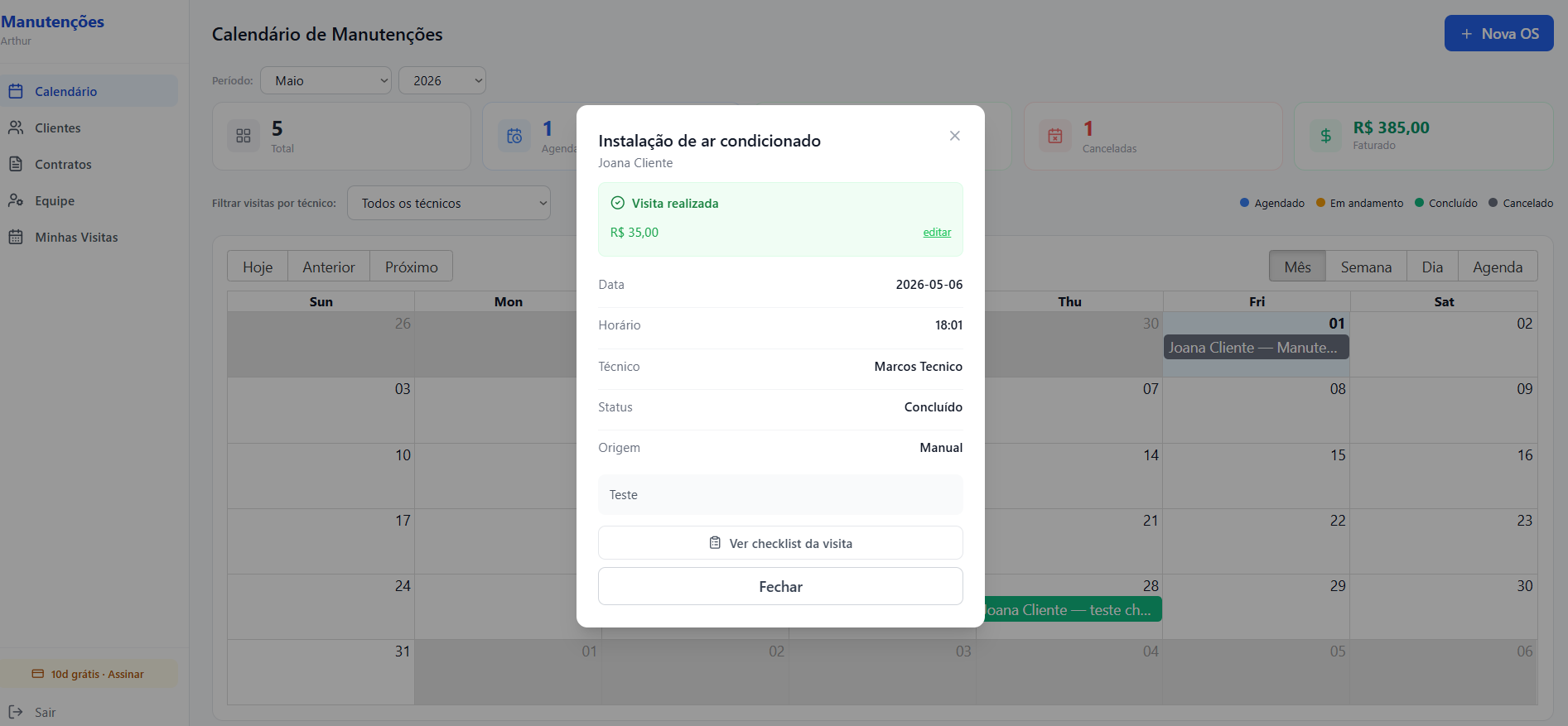 InovaFácil Manutenção — Tela Principal do Sistema